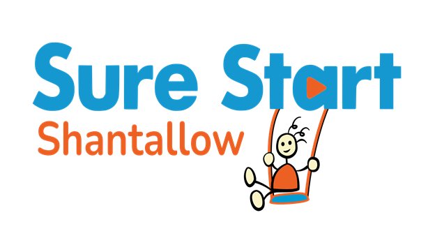 Sure Start Shantallow in blue text with child on swing at boot and word Shantallow